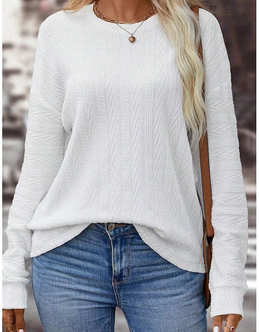 White Round Neck Drop Shoulder Textured Knit Top, 9 of 8