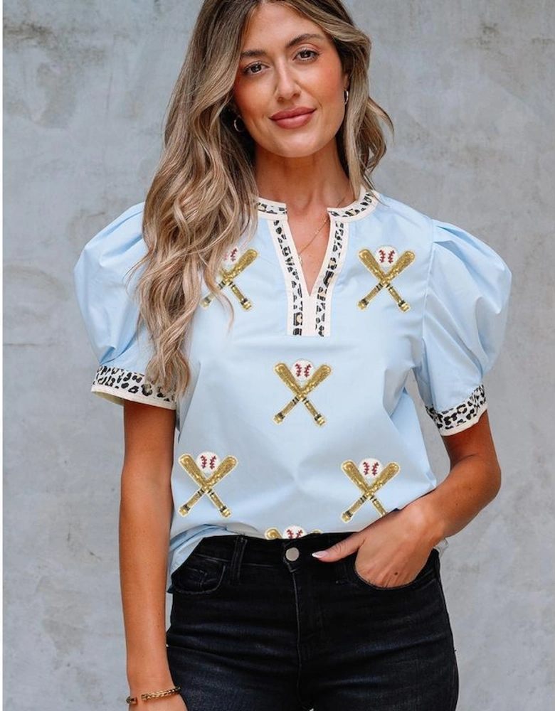 Beau Blue Sequin Baseball Set Contrast Leopard Trim Short Puff Sleeve Blouse
