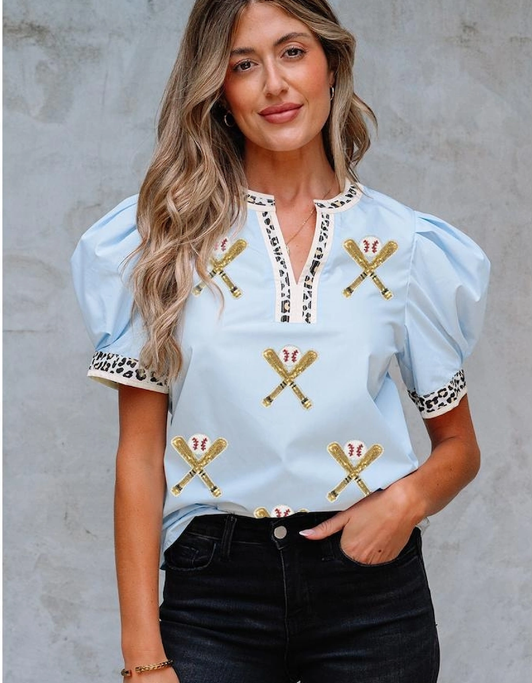 Beau Blue Sequin Baseball Set Contrast Leopard Trim Short Puff Sleeve Blouse