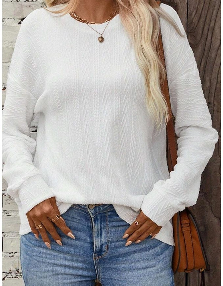 White Round Neck Drop Shoulder Textured Knit Top