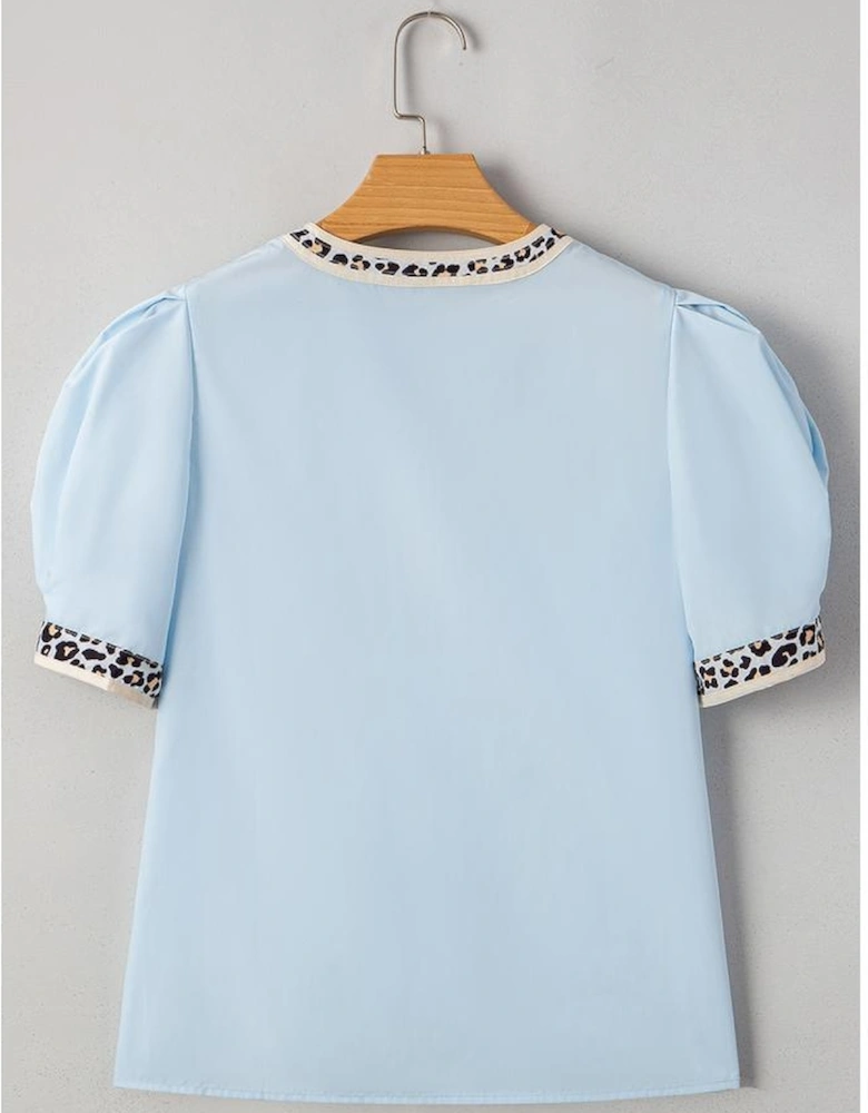 Beau Blue Sequin Baseball Set Contrast Leopard Trim Short Puff Sleeve Blouse