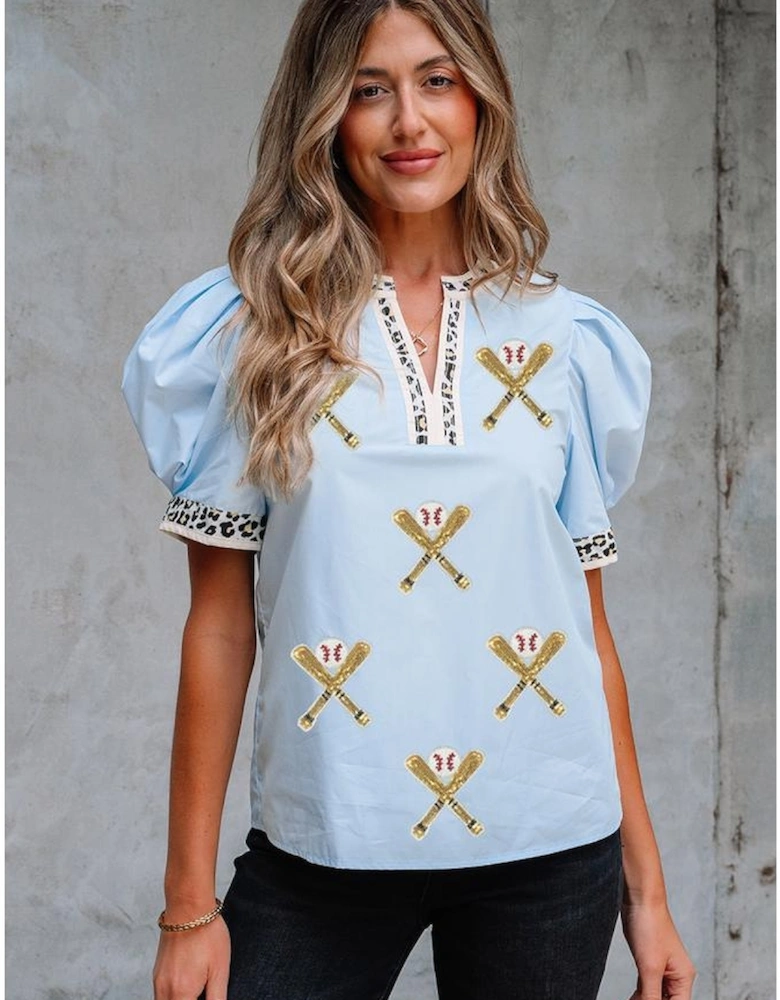 Beau Blue Sequin Baseball Set Contrast Leopard Trim Short Puff Sleeve Blouse