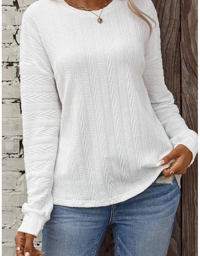 White Round Neck Drop Shoulder Textured Knit Top