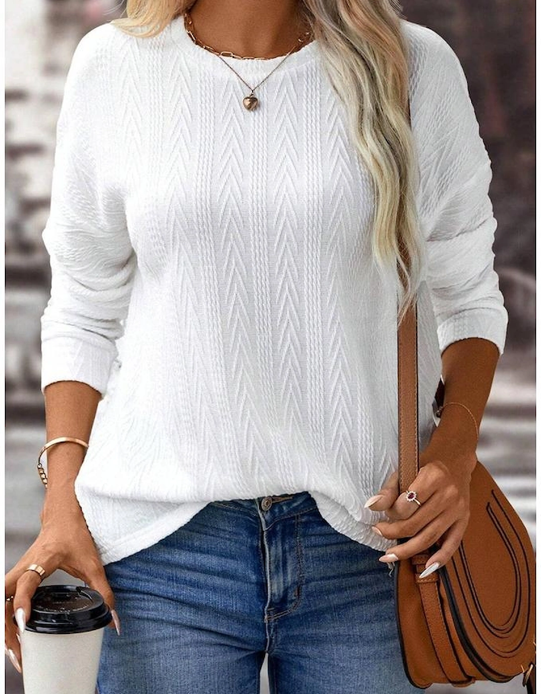White Round Neck Drop Shoulder Textured Knit Top