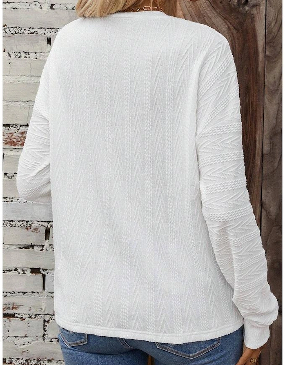 White Round Neck Drop Shoulder Textured Knit Top