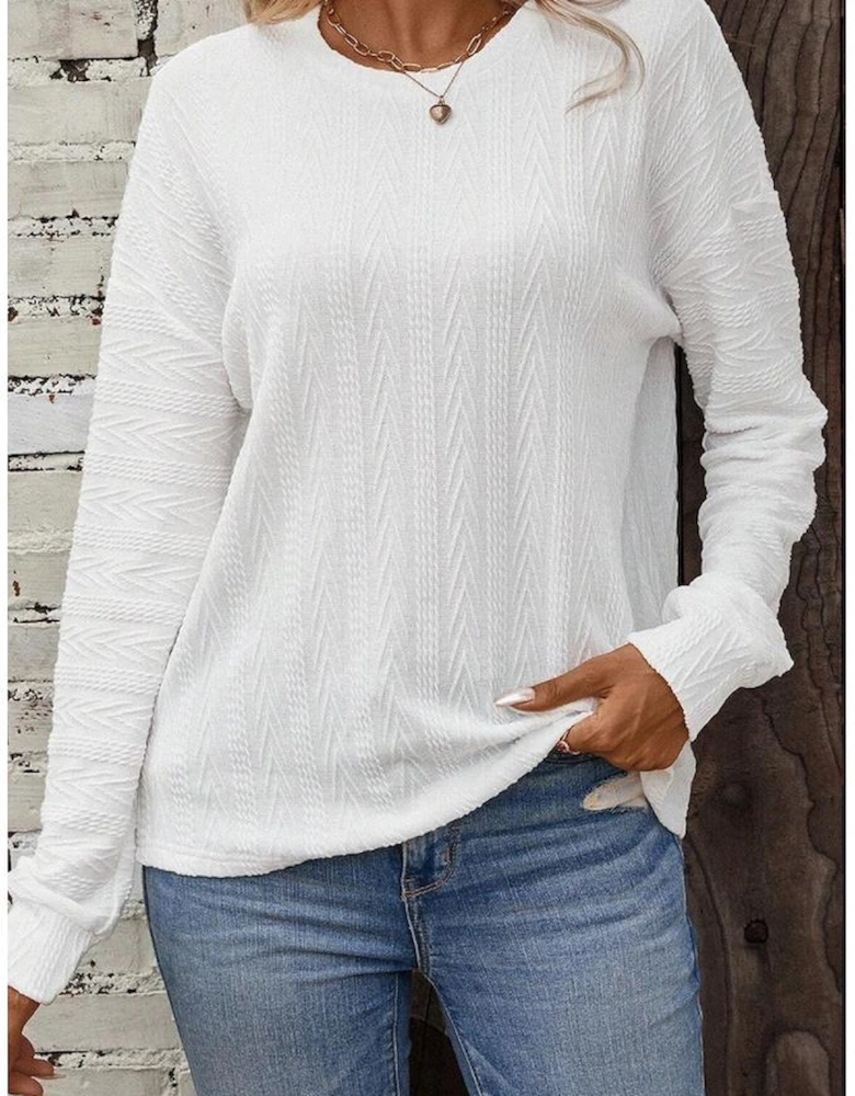 White Round Neck Drop Shoulder Textured Knit Top
