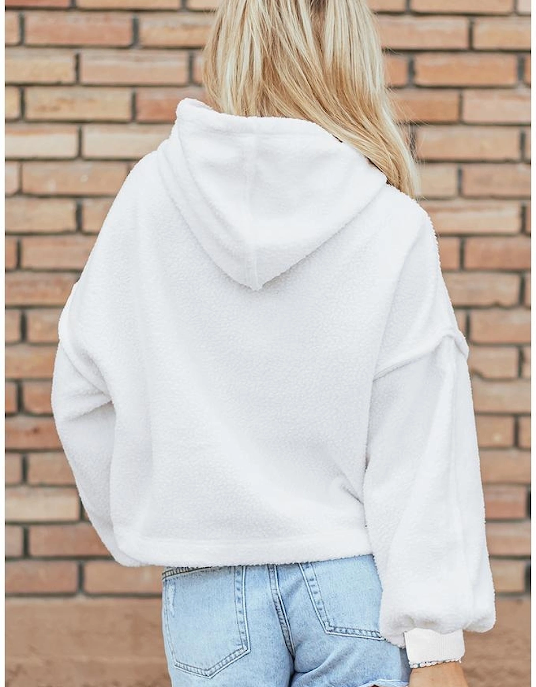 White Sherpa Fleece Drop Shoulder Hoodie