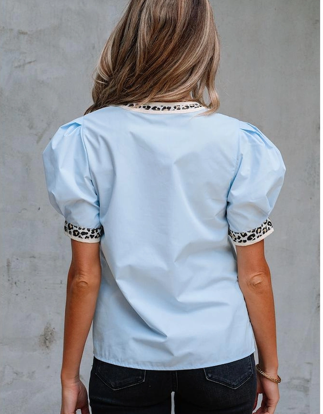 Beau Blue Sequin Baseball Set Contrast Leopard Trim Short Puff Sleeve Blouse, 8 of 7