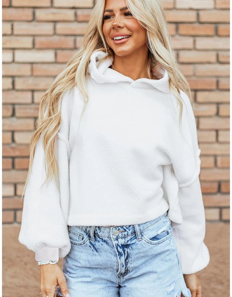 White Sherpa Fleece Drop Shoulder Hoodie