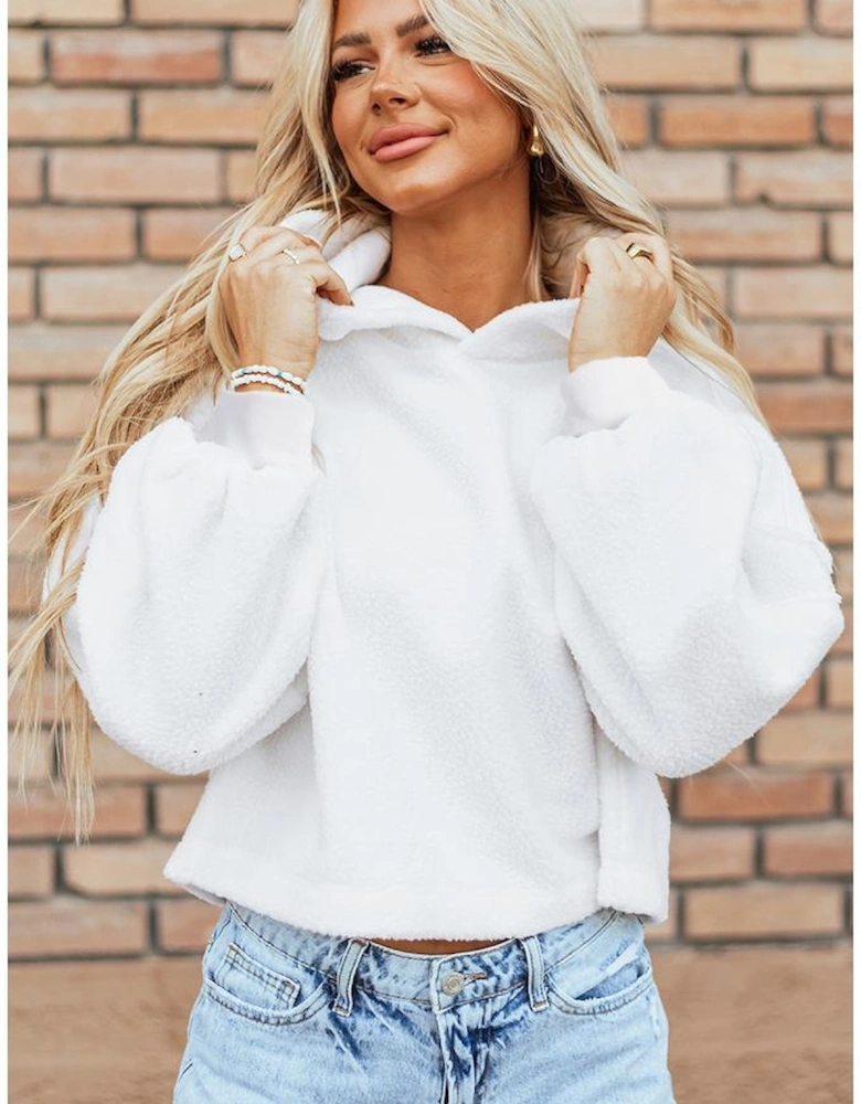 White Sherpa Fleece Drop Shoulder Hoodie