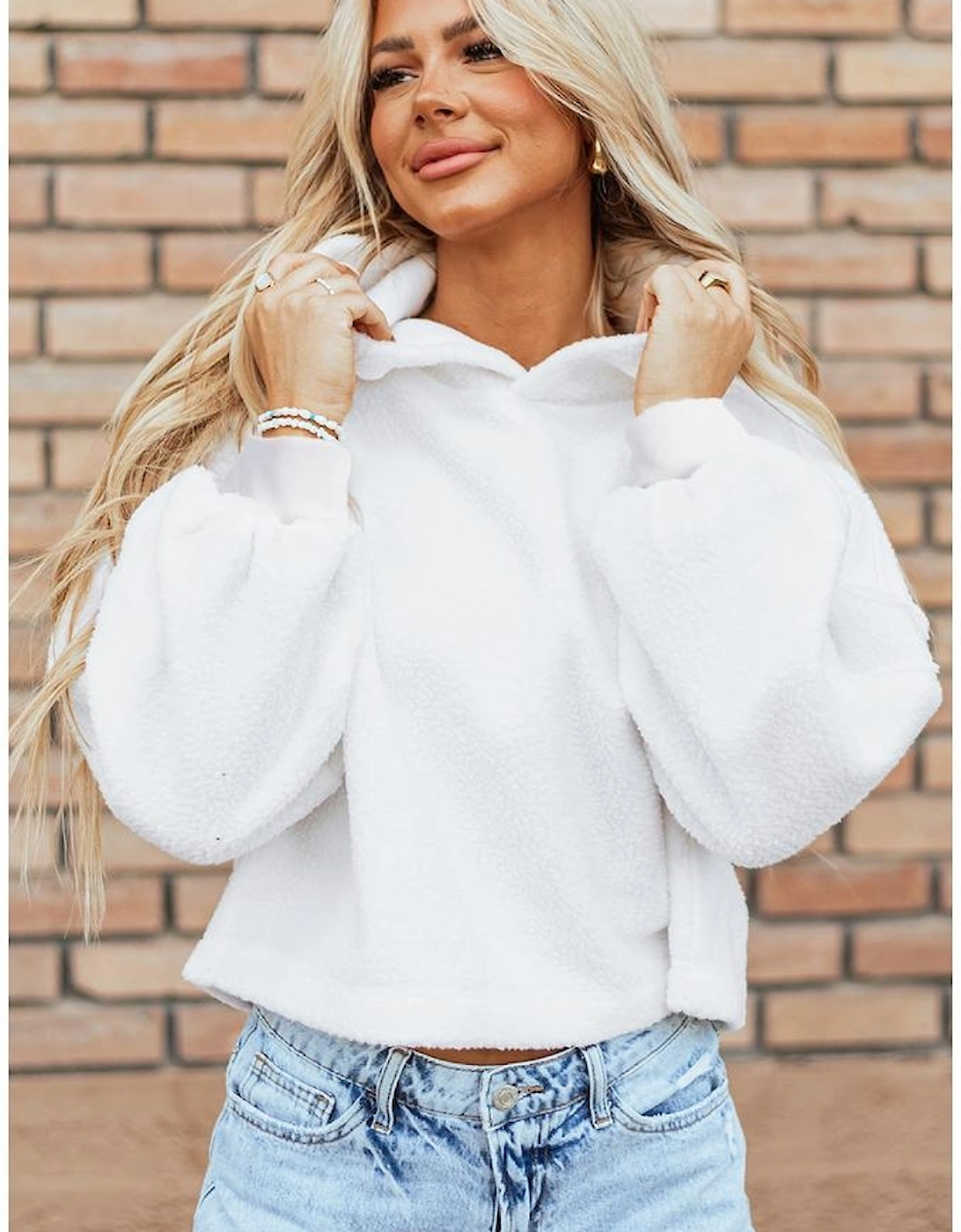 White Sherpa Fleece Drop Shoulder Hoodie