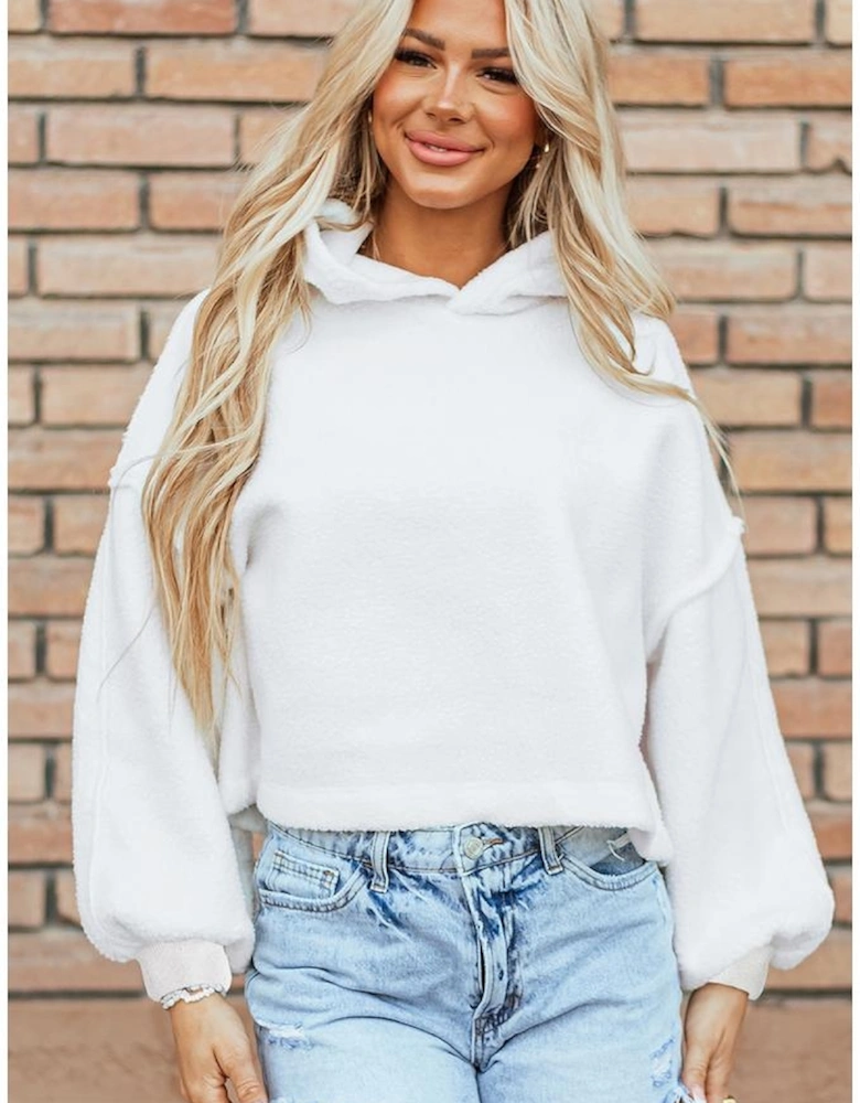 White Sherpa Fleece Drop Shoulder Hoodie