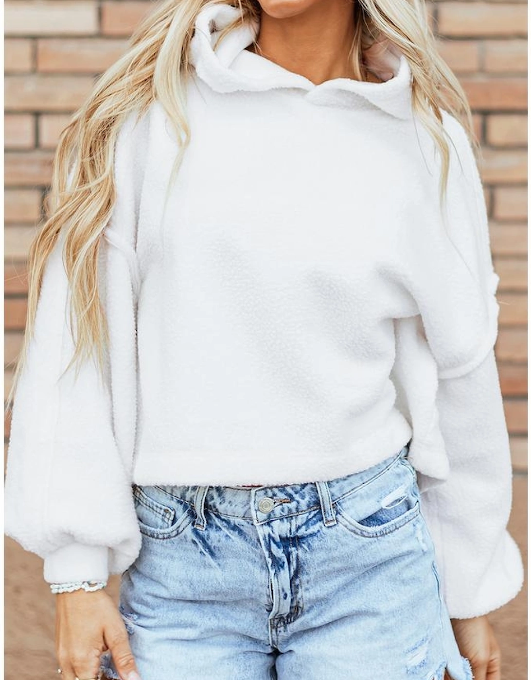 White Sherpa Fleece Drop Shoulder Hoodie