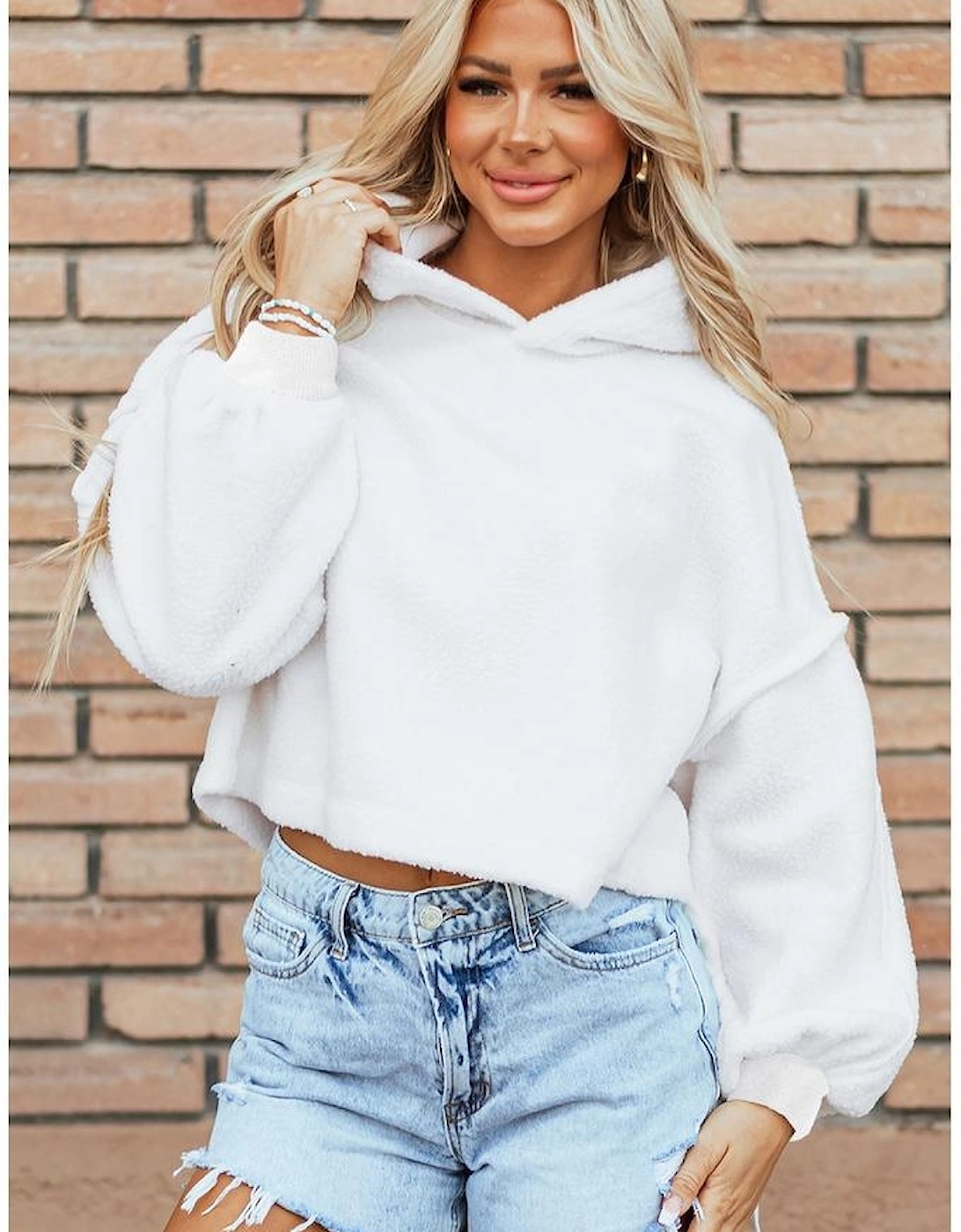 White Sherpa Fleece Drop Shoulder Hoodie