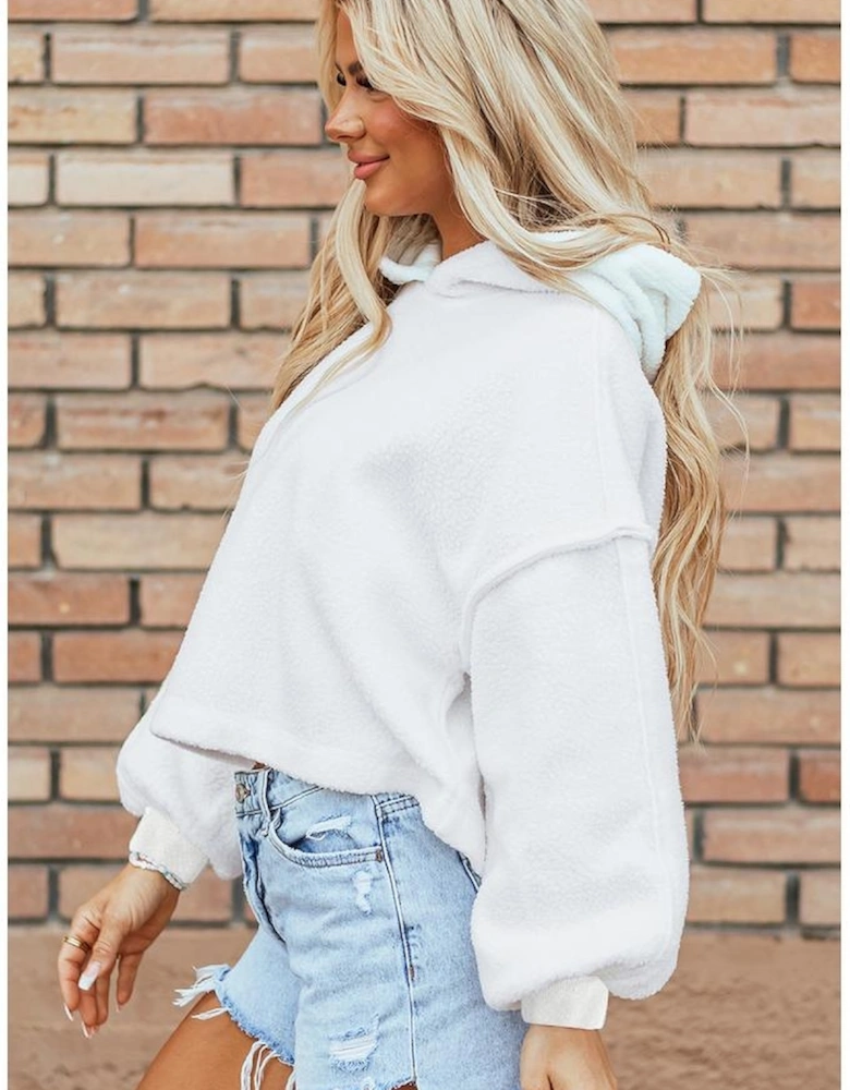 White Sherpa Fleece Drop Shoulder Hoodie