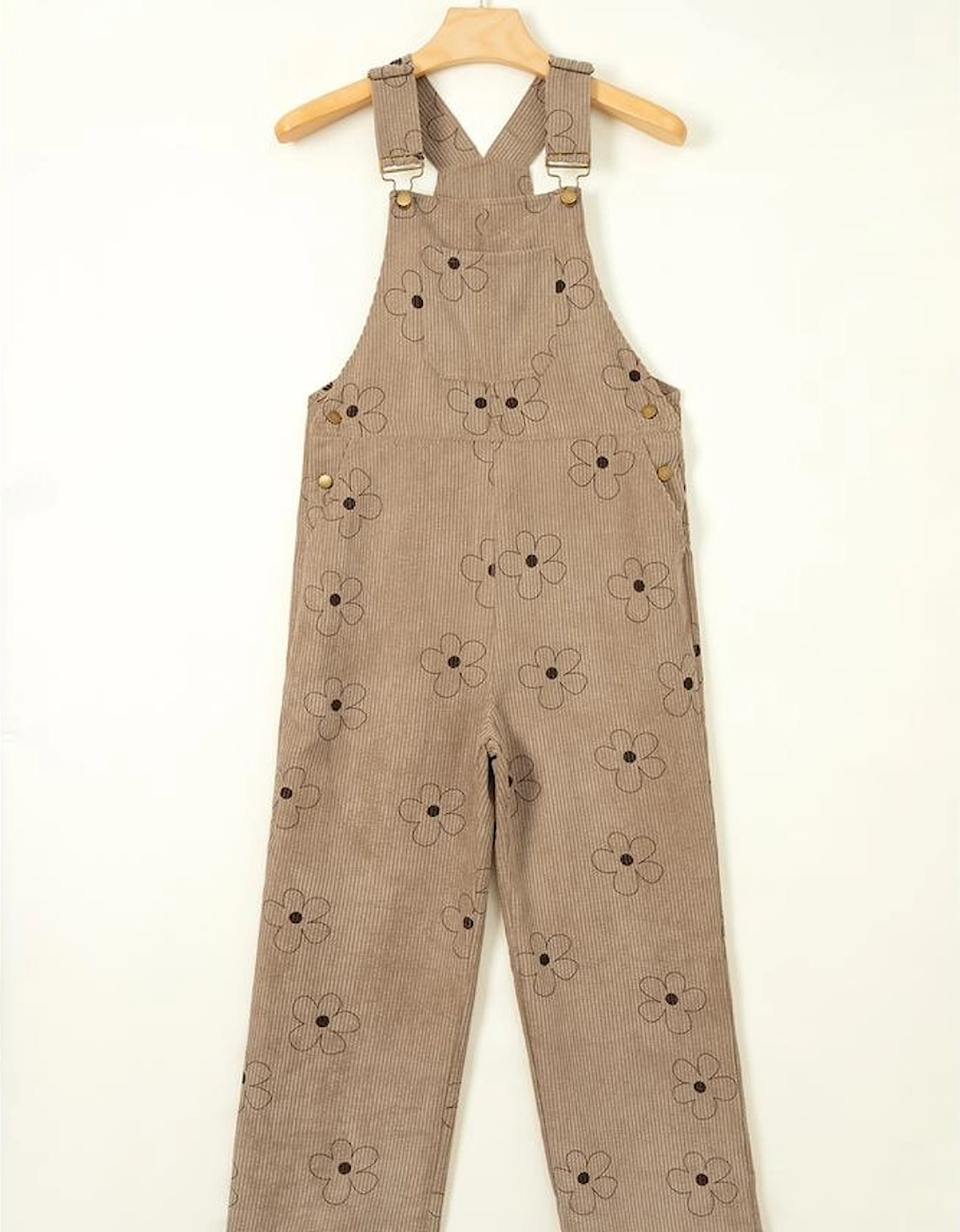 Khaki Flower Print Corduroy Overalls