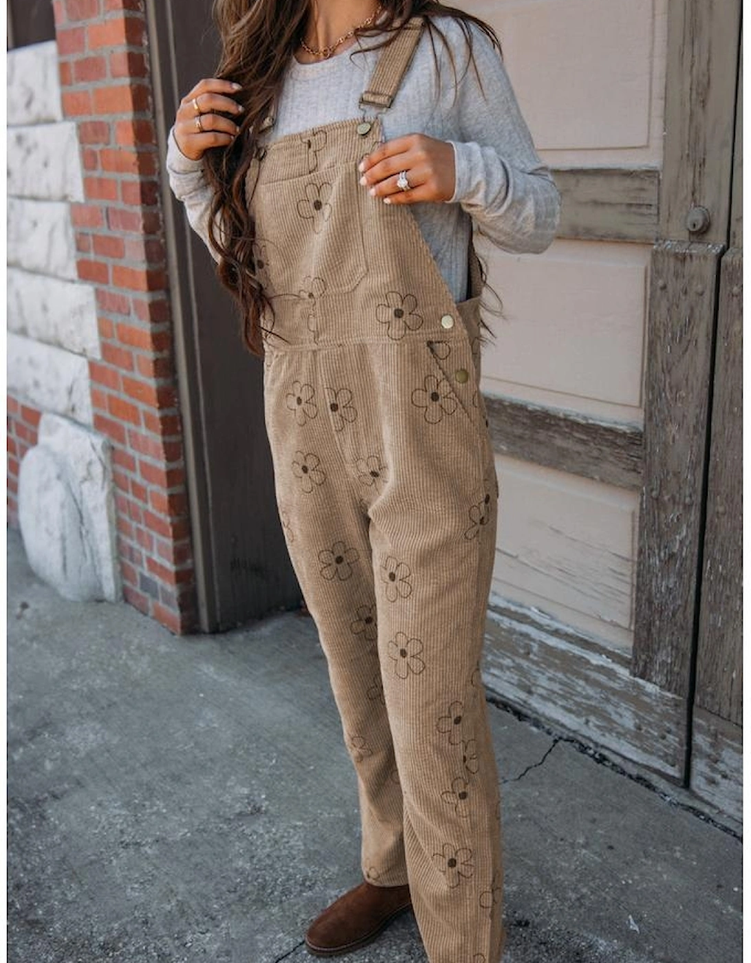 Khaki Flower Print Corduroy Overalls