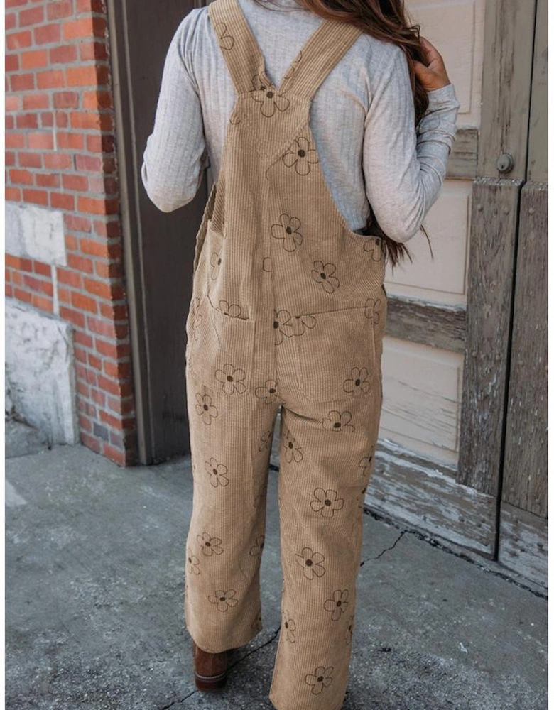 Khaki Flower Print Corduroy Overalls