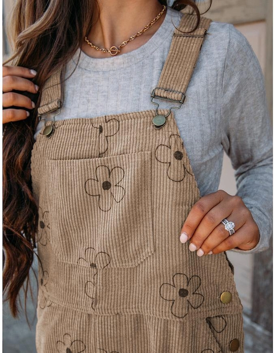 Khaki Flower Print Corduroy Overalls