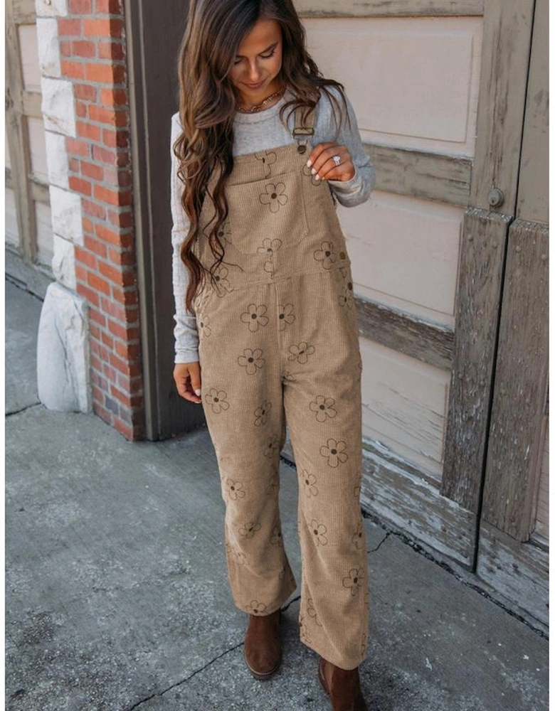 Khaki Flower Print Corduroy Overalls
