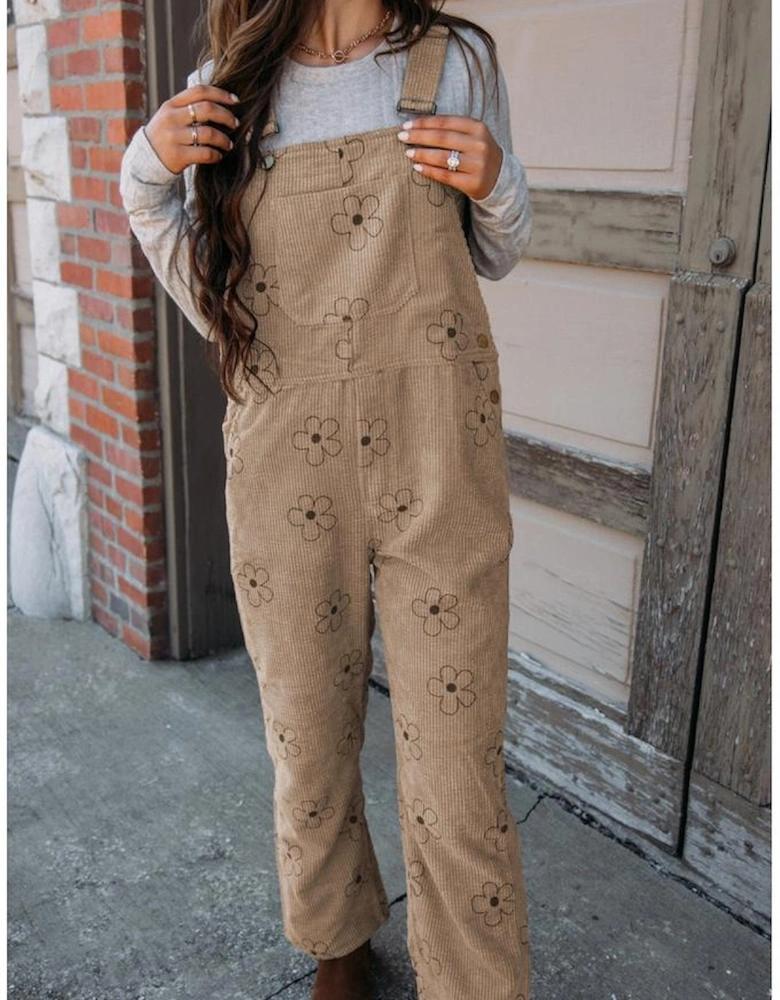 Khaki Flower Print Corduroy Overalls