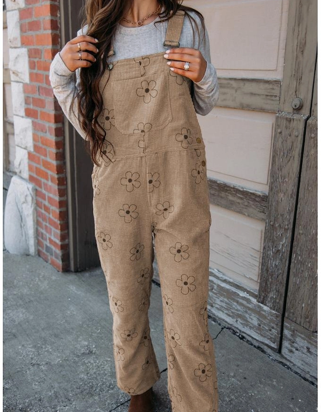 Khaki Flower Print Corduroy Overalls