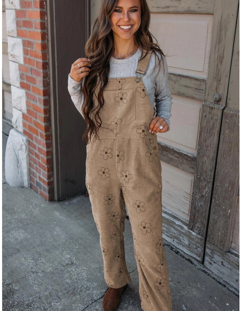 Khaki Flower Print Corduroy Overalls