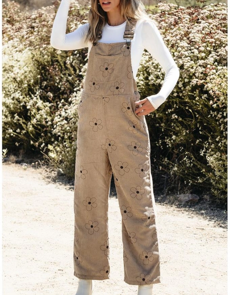 Khaki Flower Print Corduroy Overalls