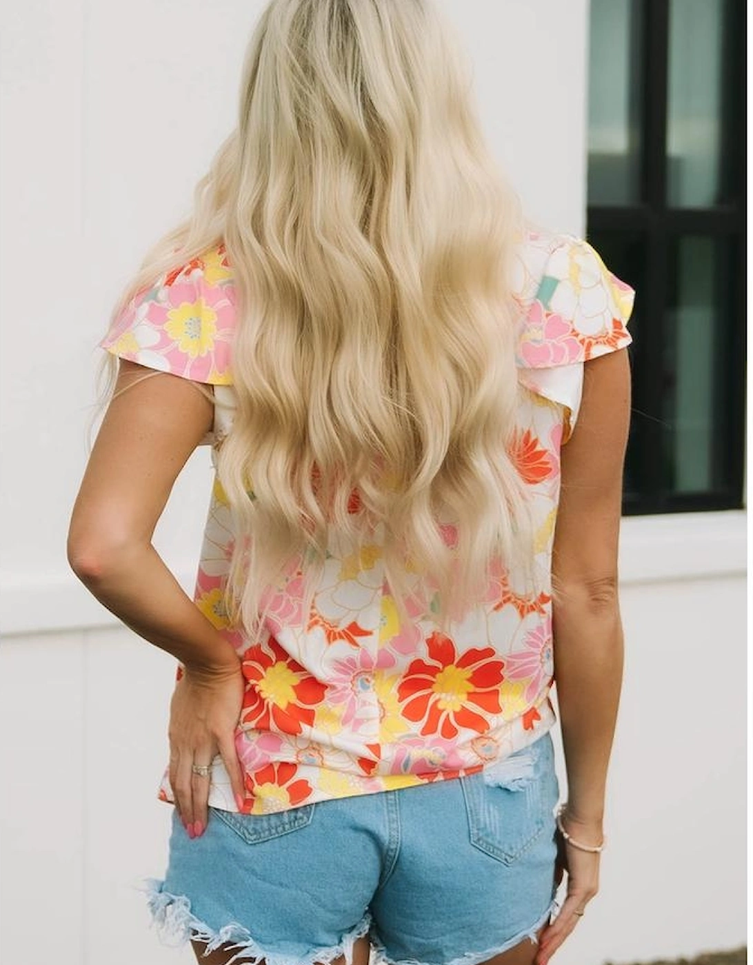 Multicolor Stand Collar Flutter Sleeves Floral Top, 16 of 15