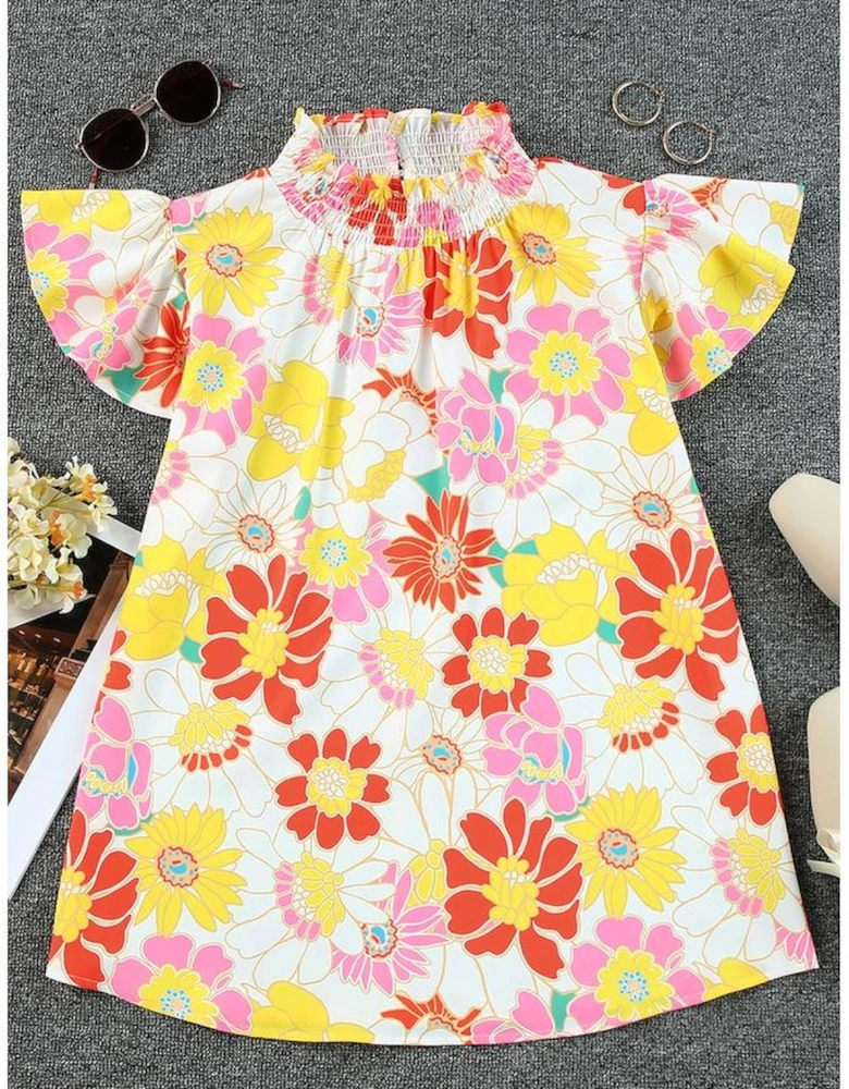 Multicolor Stand Collar Flutter Sleeves Floral Top