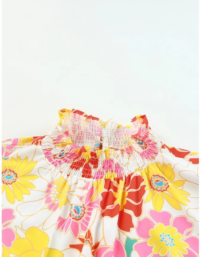 Multicolor Stand Collar Flutter Sleeves Floral Top