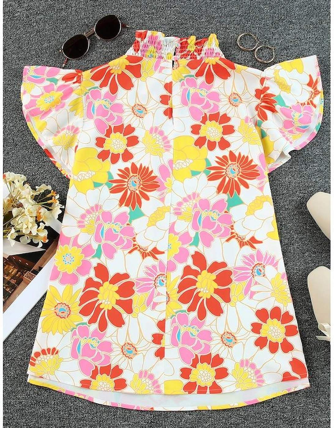 Multicolor Stand Collar Flutter Sleeves Floral Top