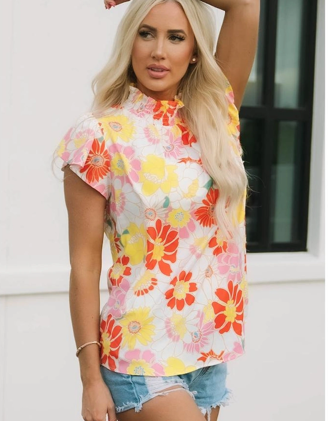 Multicolor Stand Collar Flutter Sleeves Floral Top