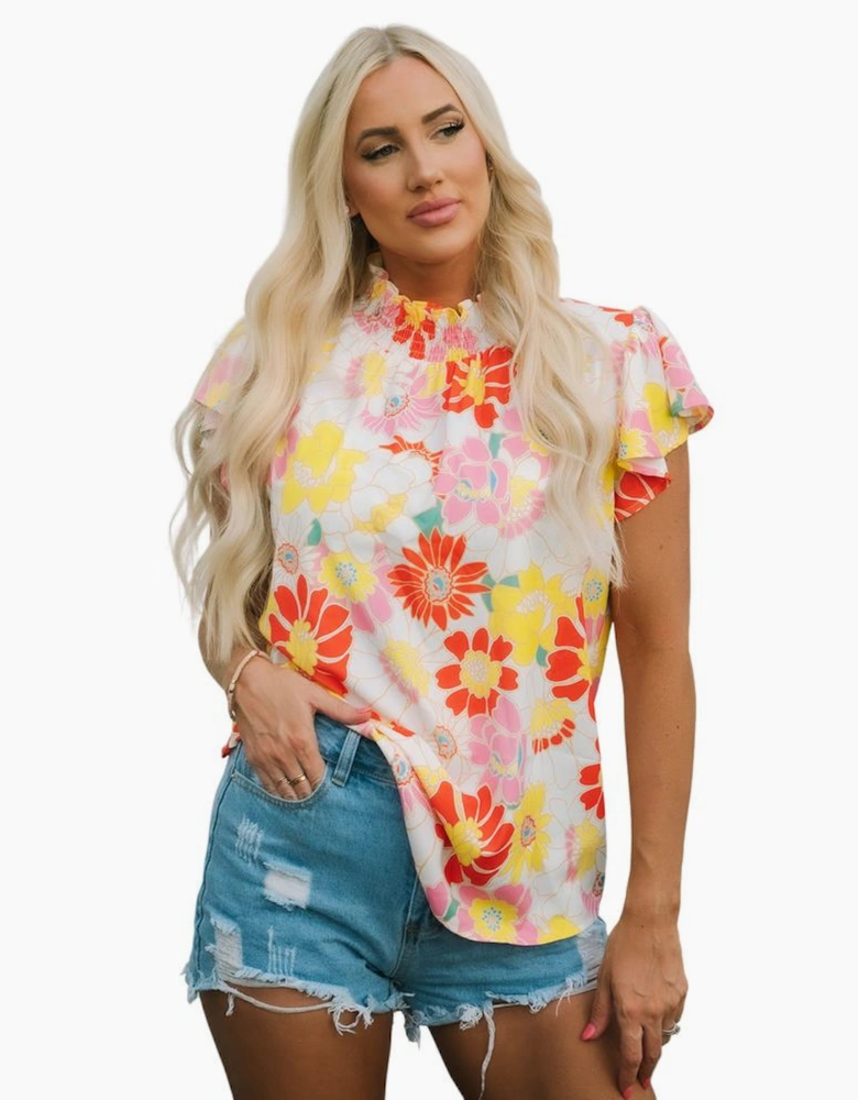 Multicolor Stand Collar Flutter Sleeves Floral Top