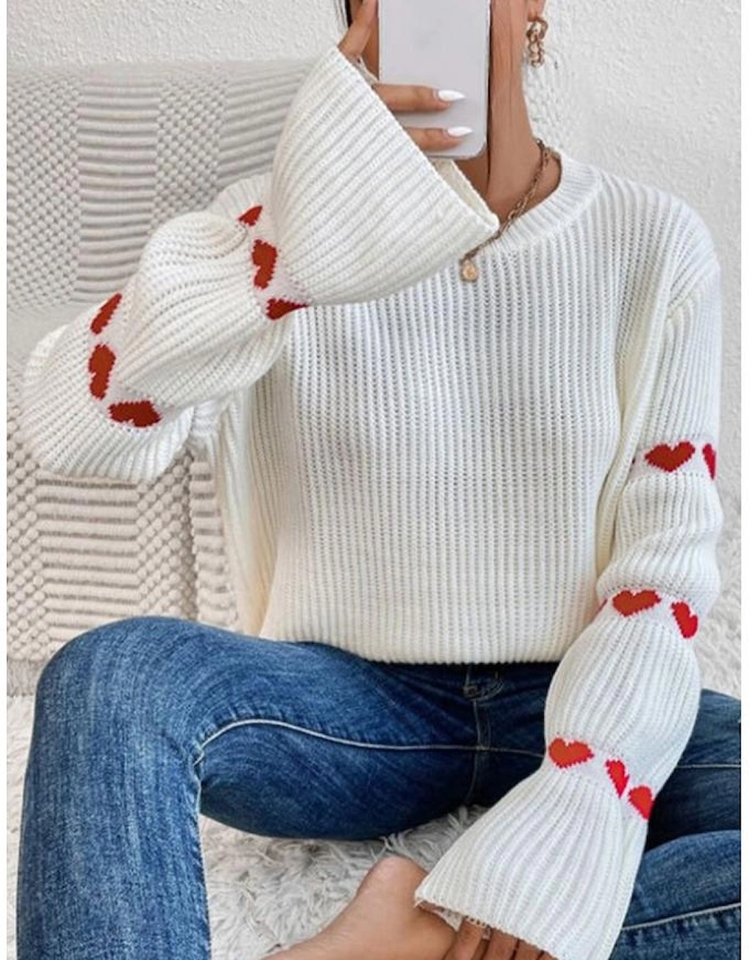 White Heart Shape Bell Sleeve Valentine Sweater, 3 of 2