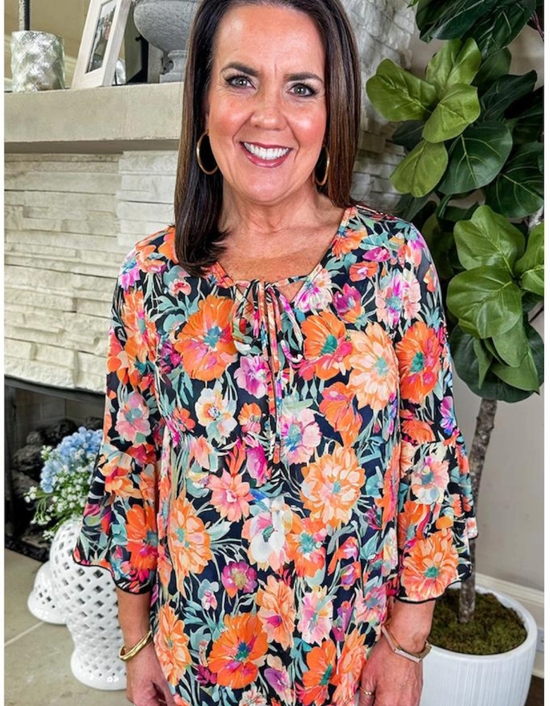 Black Floral 3/4 Flare Sleeve Tied V Neck Blouse