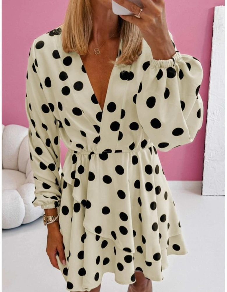 Beige Polka Dot Printed Surplice V Neck Puff Sleeve Mini Dress