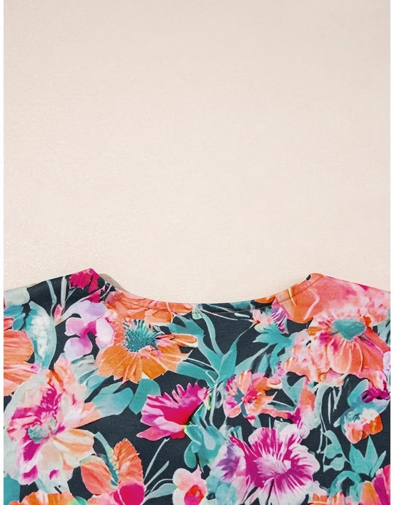 Black Floral 3/4 Flare Sleeve Tied V Neck Blouse