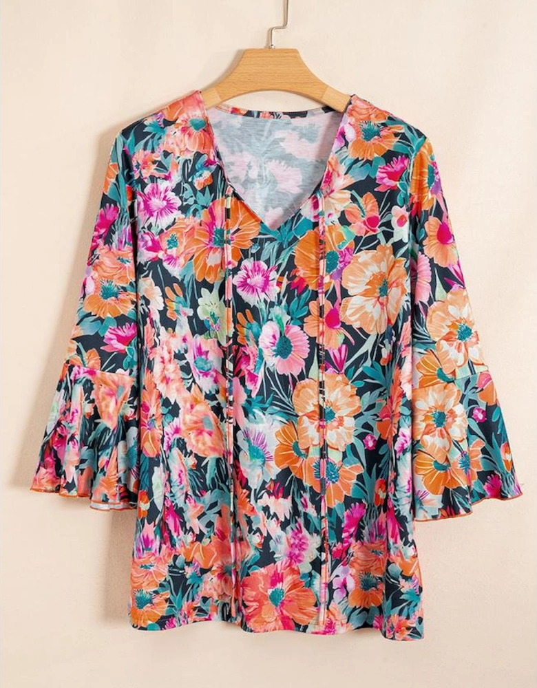 Black Floral 3/4 Flare Sleeve Tied V Neck Blouse