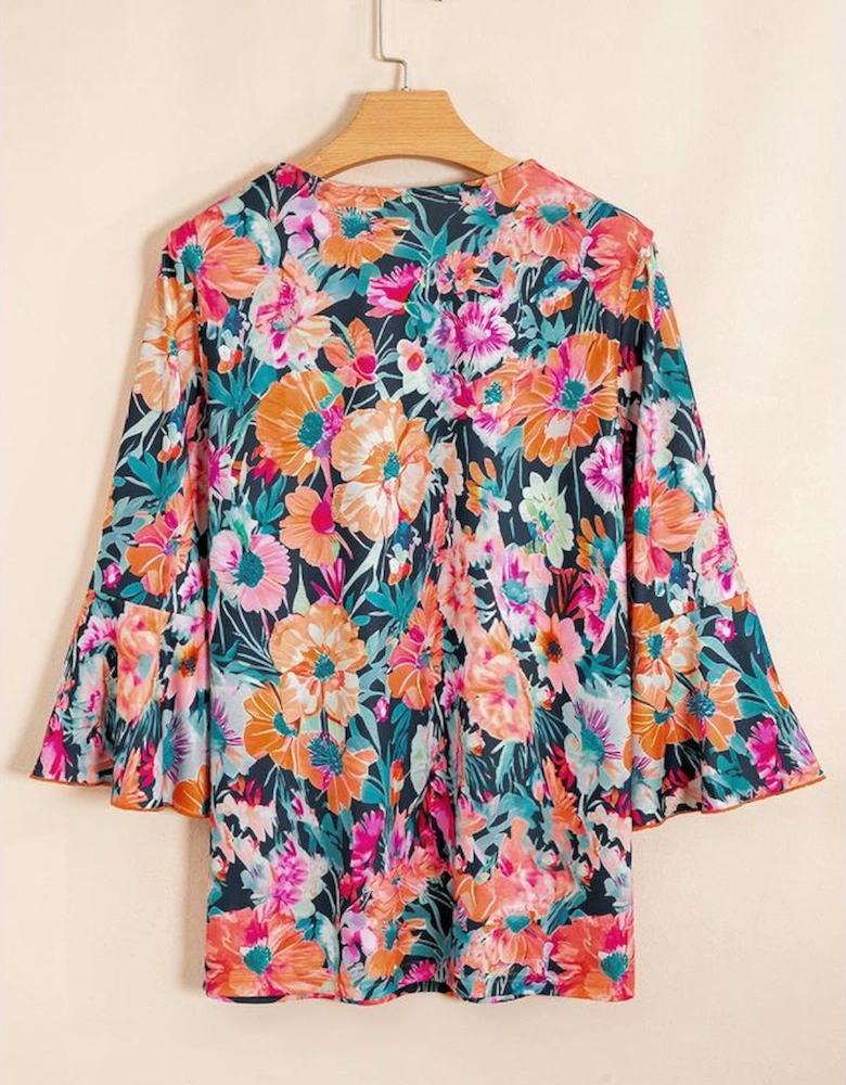 Black Floral 3/4 Flare Sleeve Tied V Neck Blouse
