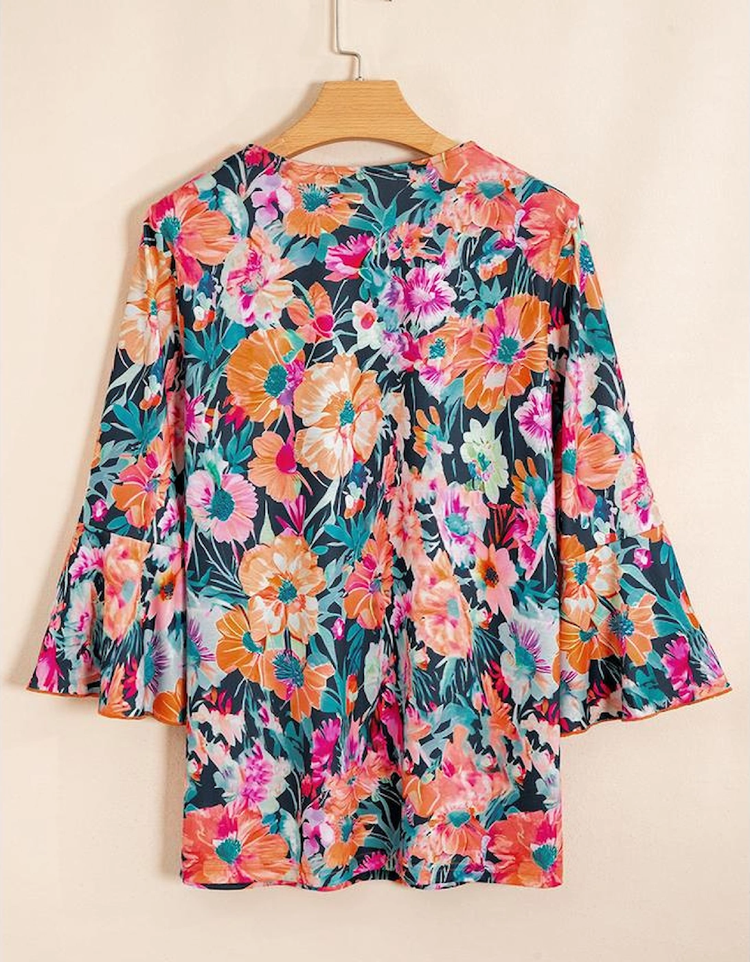 Black Floral 3/4 Flare Sleeve Tied V Neck Blouse