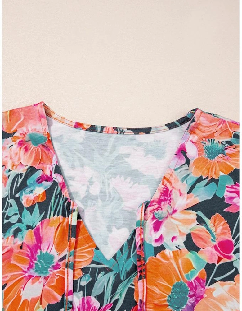 Black Floral 3/4 Flare Sleeve Tied V Neck Blouse