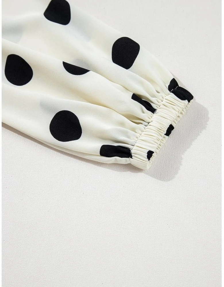 Beige Polka Dot Printed Surplice V Neck Puff Sleeve Mini Dress