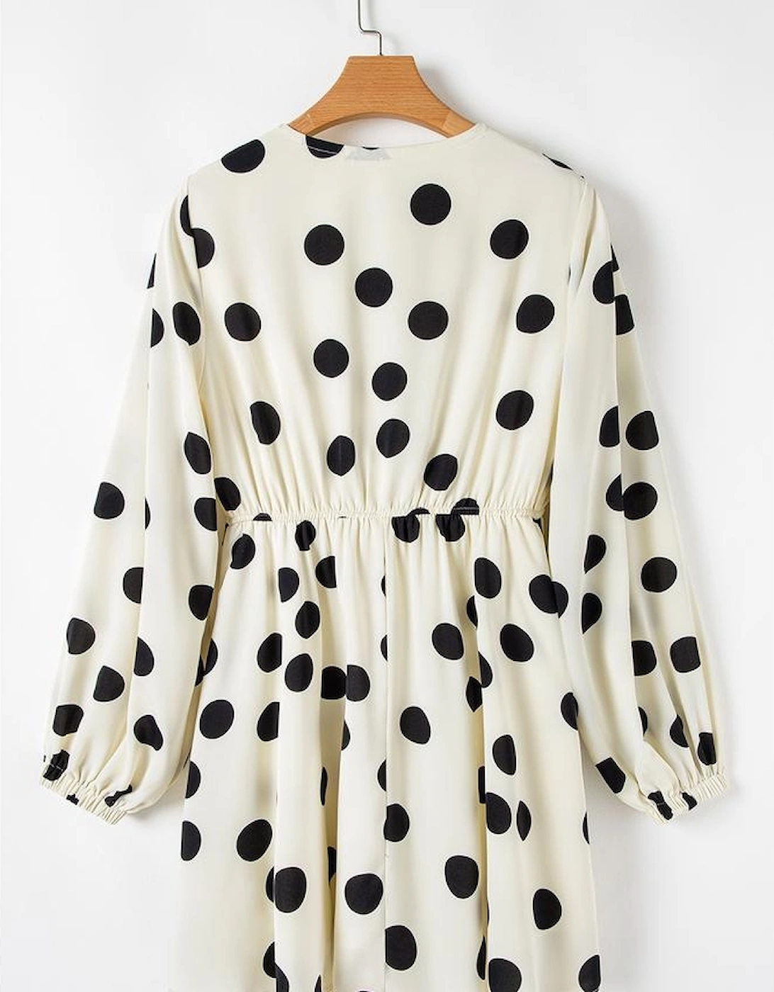 Beige Polka Dot Printed Surplice V Neck Puff Sleeve Mini Dress