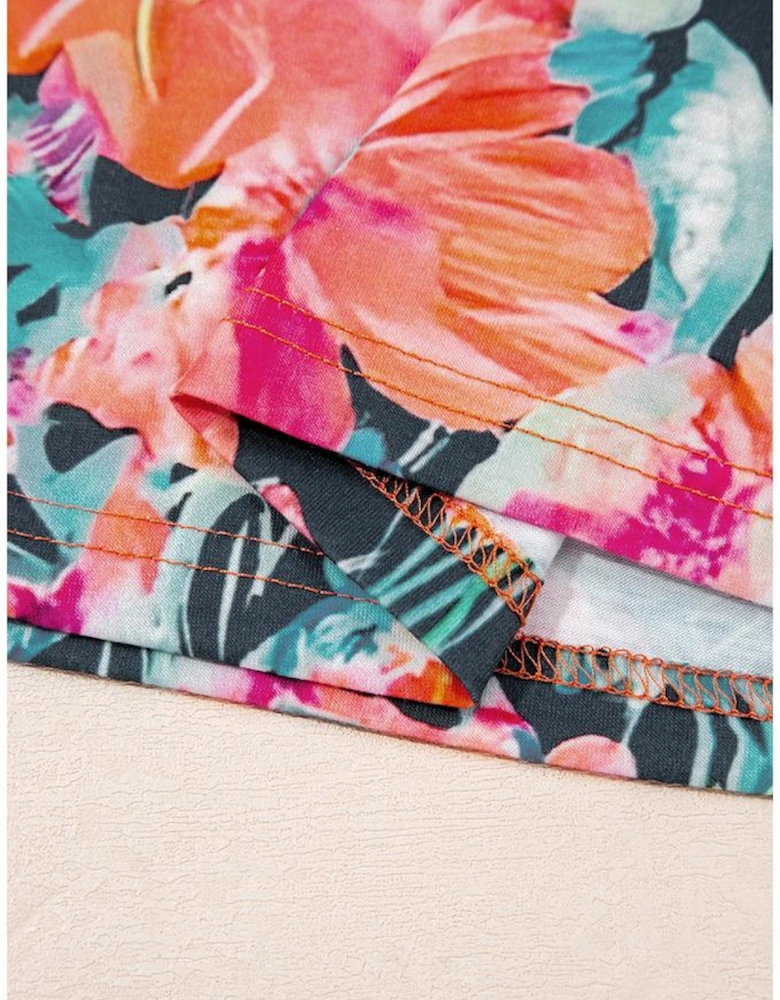 Black Floral 3/4 Flare Sleeve Tied V Neck Blouse