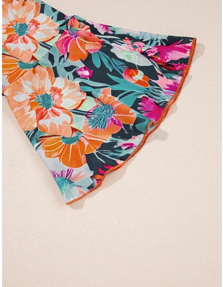 Black Floral 3/4 Flare Sleeve Tied V Neck Blouse