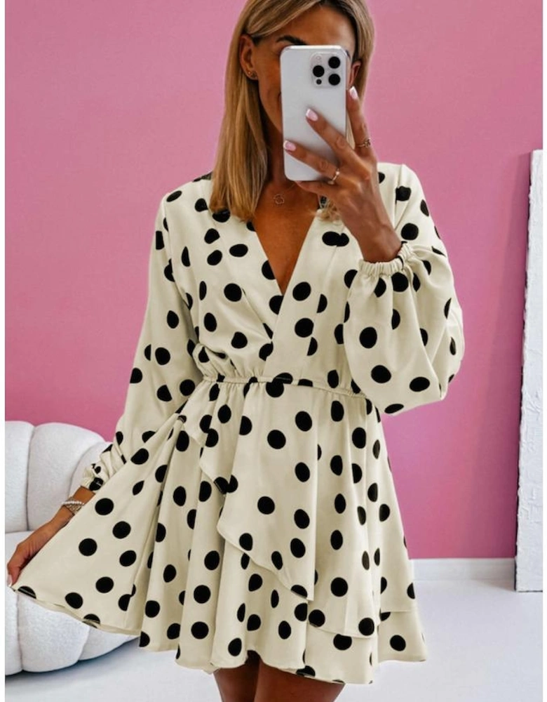Beige Polka Dot Printed Surplice V Neck Puff Sleeve Mini Dress