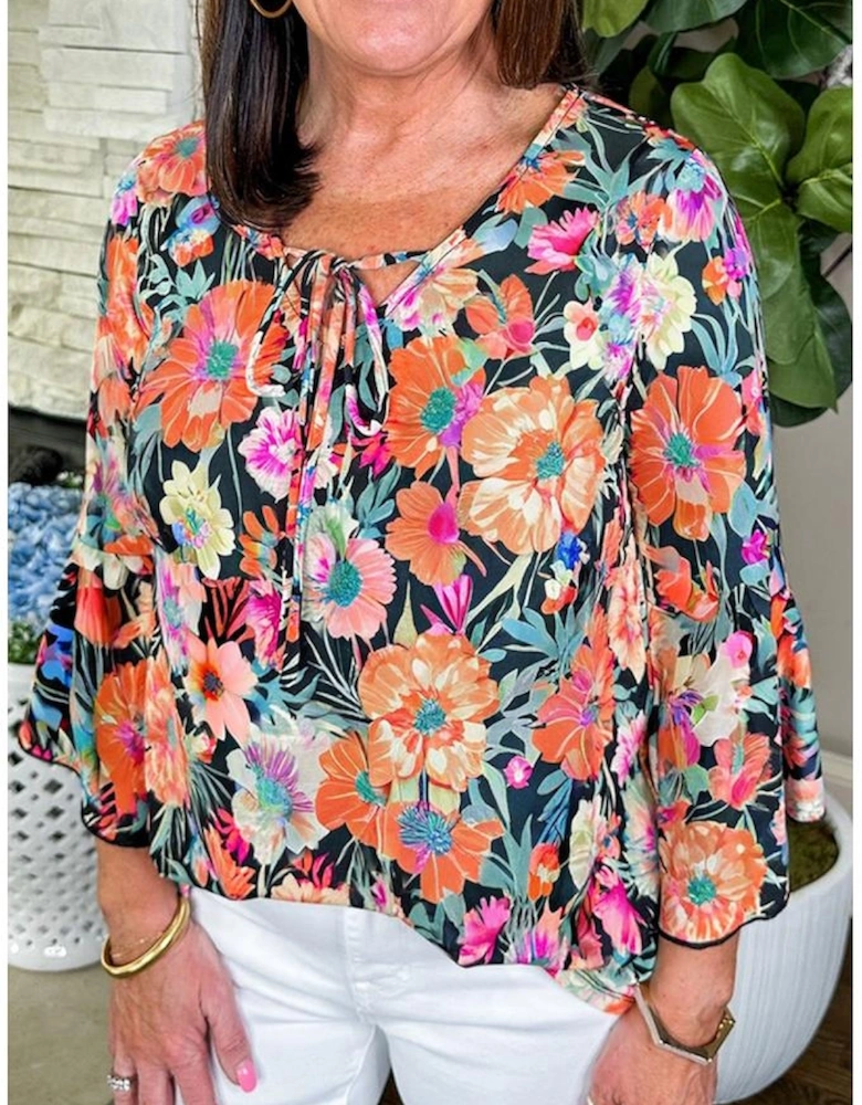 Black Floral 3/4 Flare Sleeve Tied V Neck Blouse