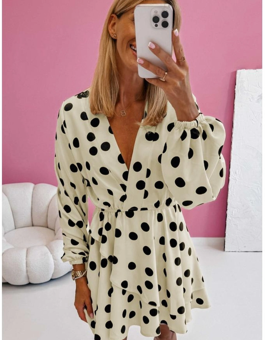 Beige Polka Dot Printed Surplice V Neck Puff Sleeve Mini Dress