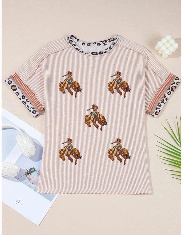 Jet Stream Sequin Rodeo Patch Twisted Rib Colorblock Leopard Trim T Shirt